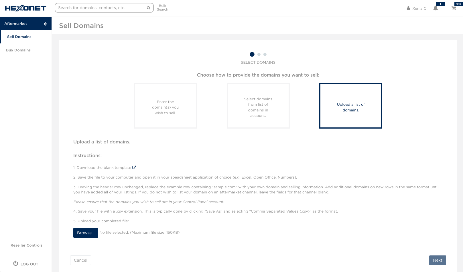 HEXONET Aftermarket Control Panel - Uploading List of Domains