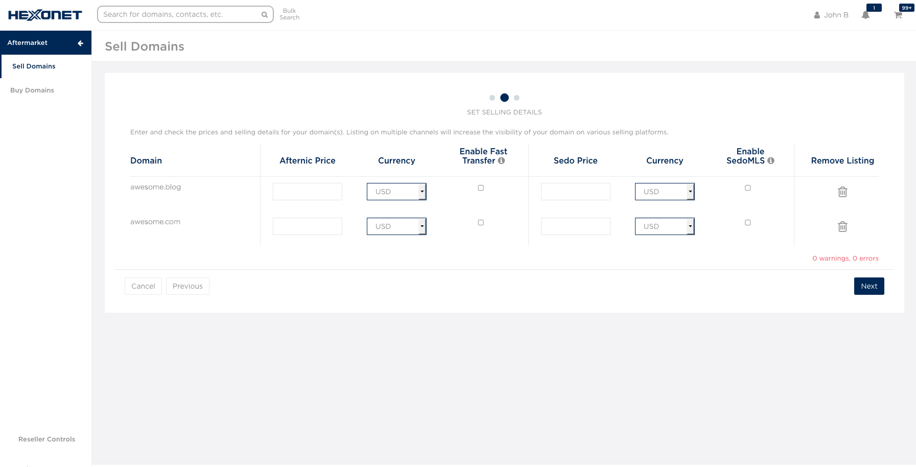 HEXONET Aftermarket Control Panel - Uploading List of Domains