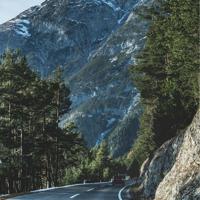 Forested mountain landscape.